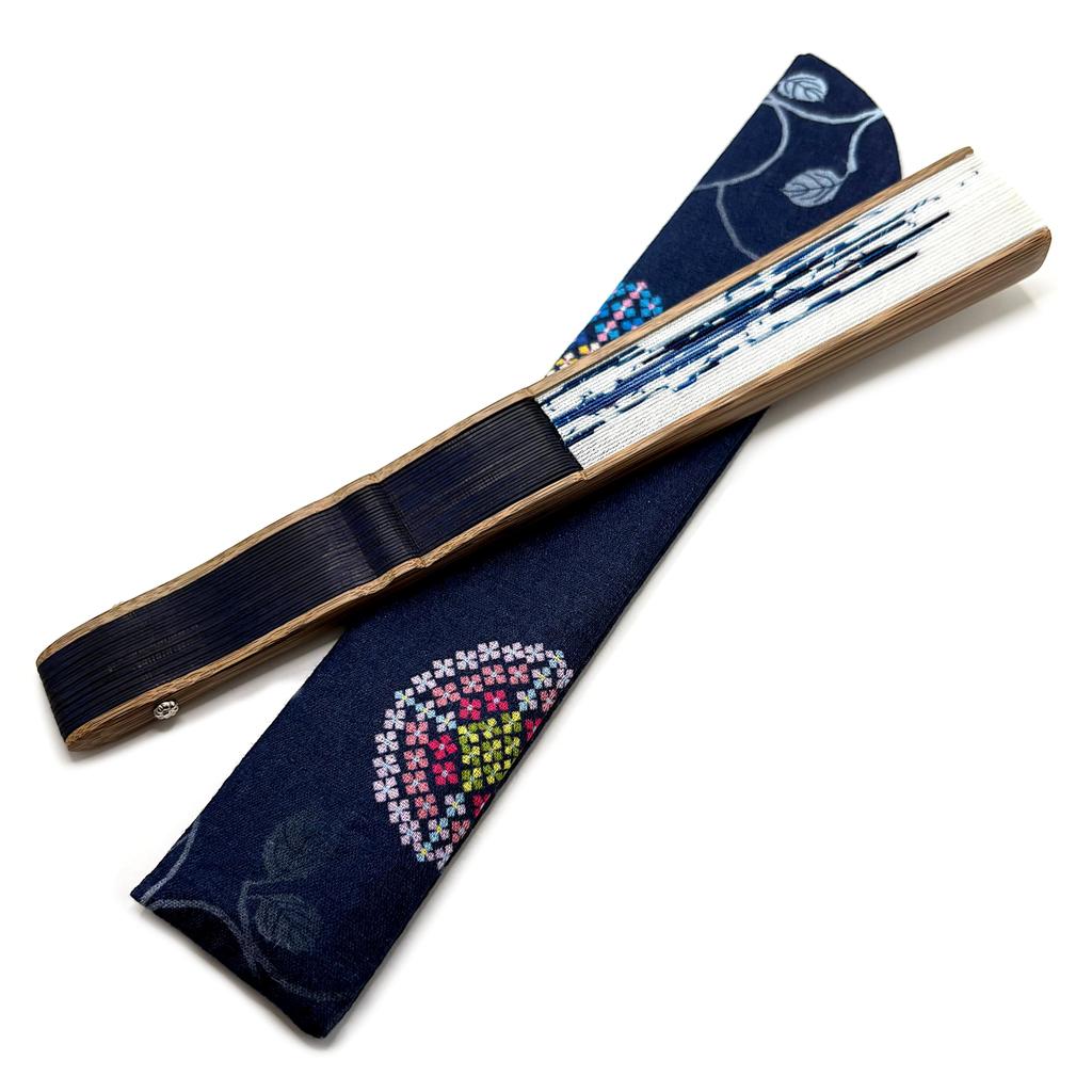 [Hanakanzashi] Women's Folding Fan, Morning Glory Pattern, Indigo Blue, with Fan Case, Cotton Fabric, 21cm