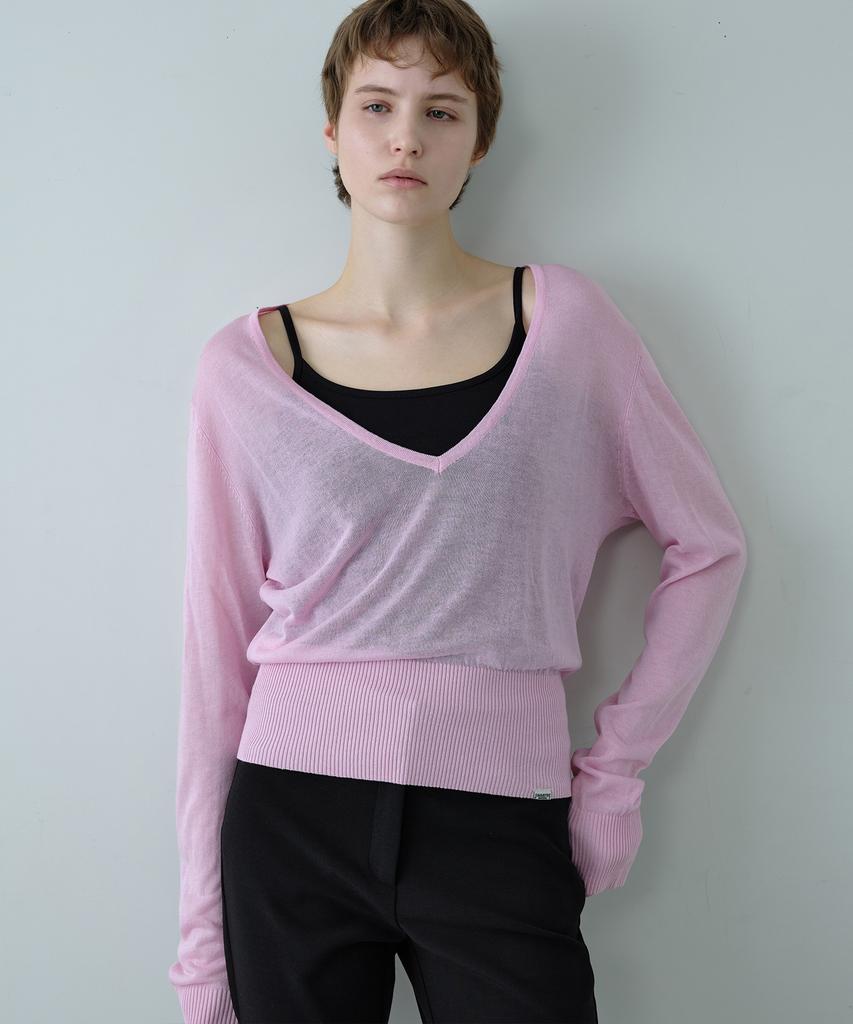 Simeteuligpeosenteu Deep V-Neck Sheer Knit Top / Pink