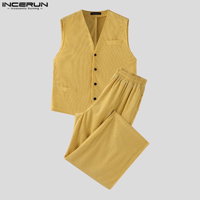 INCERUN Autumn Men Corduroy Sleeveless Waistcoat and Long Pants Outfits Sets