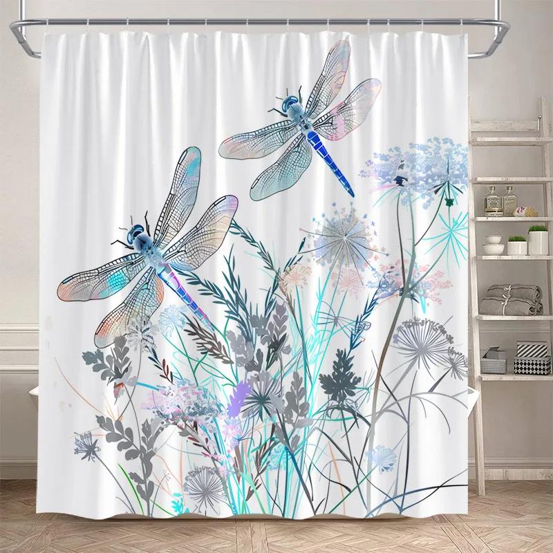 Floral Dragonfly Shower Curtains Watercolour Dandelion Rustic Flower Plants Polyester Fabric Bathroom Curtain Decor With Hooks