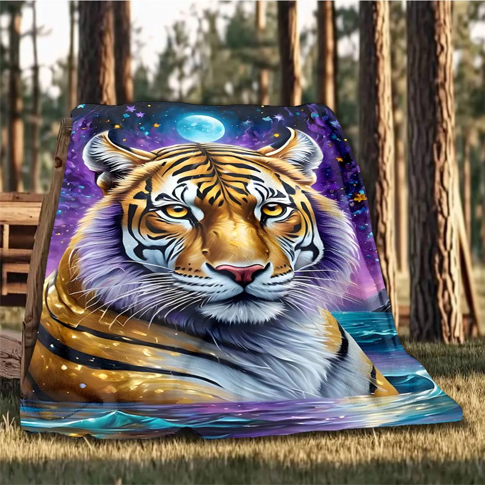 1pc Tiger Moon Night Throw Blanket Polyester Fiber, Lightweight Flannel, Soft & Warm, All Season Use for Outdoor, Camping