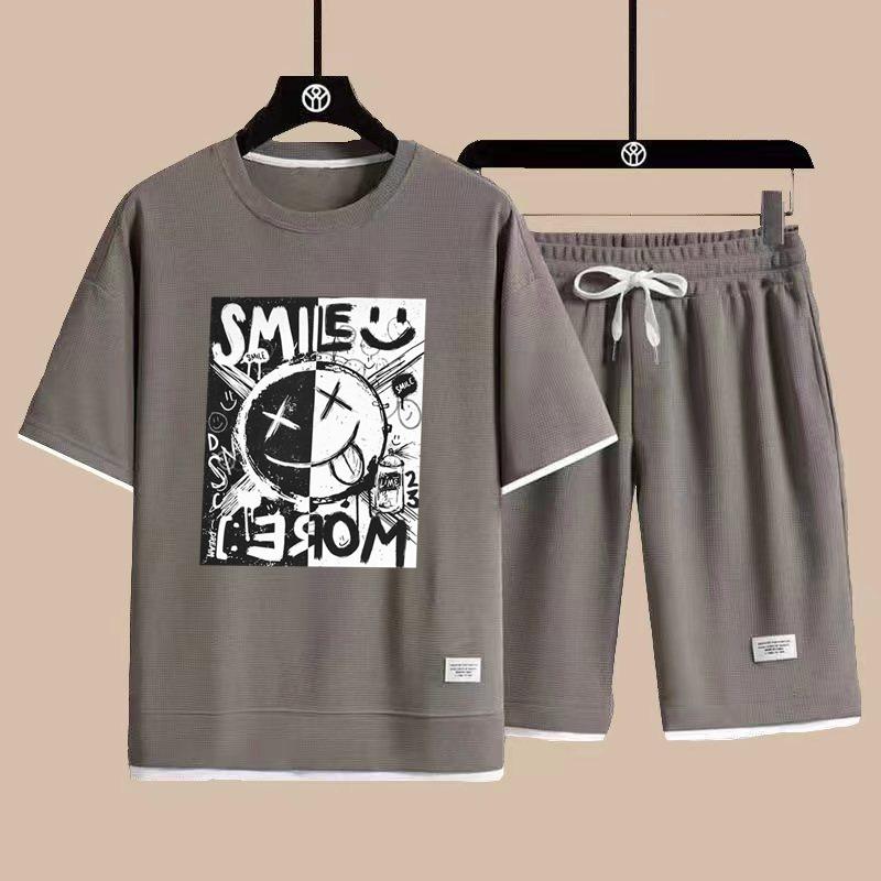 Waffle Mens Set Summer T-Shirt Shorts Tracksuit Mens Streetwear Short Sleeve 2 Pieces Set Casual Men Sports Suit Clothing