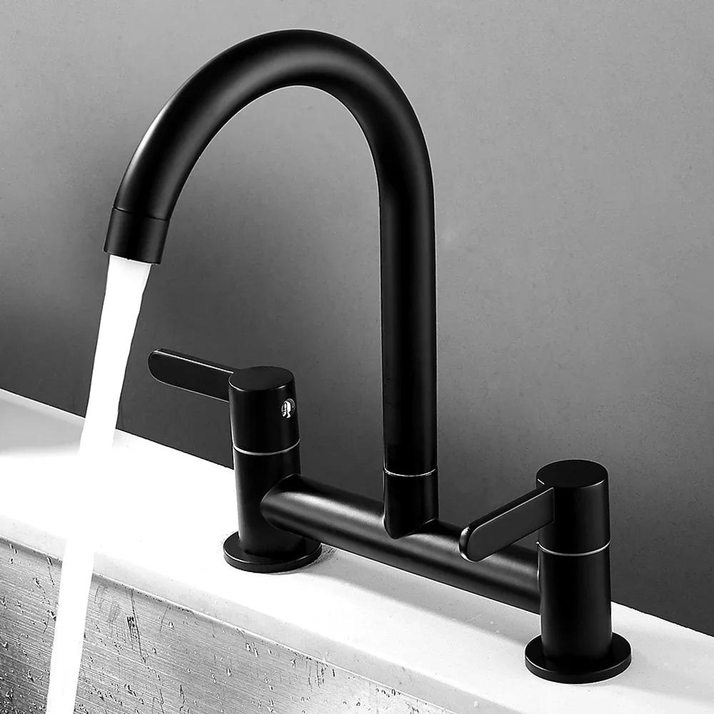 

Kitchen Faucet Modern Double Handles Sink Tap 360° Swivel Spout Mixing Faucet Brass Bathroom Faucet for Sink Deck Mounted G1/2 чорний