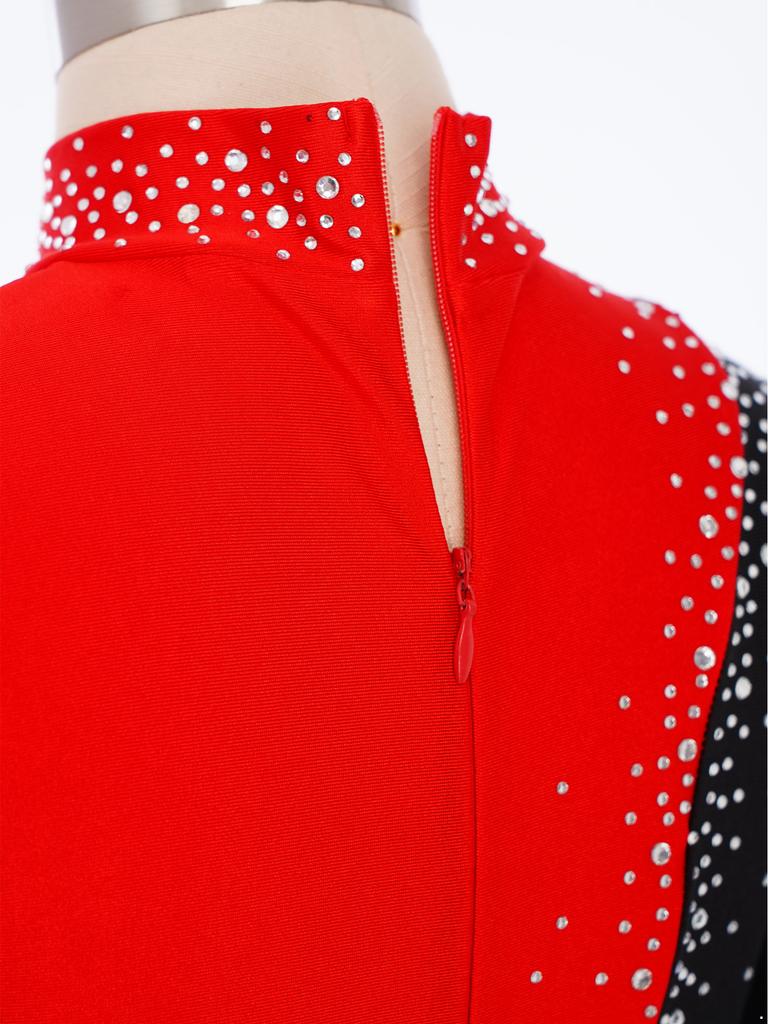 Jenter Fargeblokk Ytelsesjumpsuit Glitrende Rhinestones Mock Neck Langermet Usynlig Glidelås Bak Full Kropp Danseklær