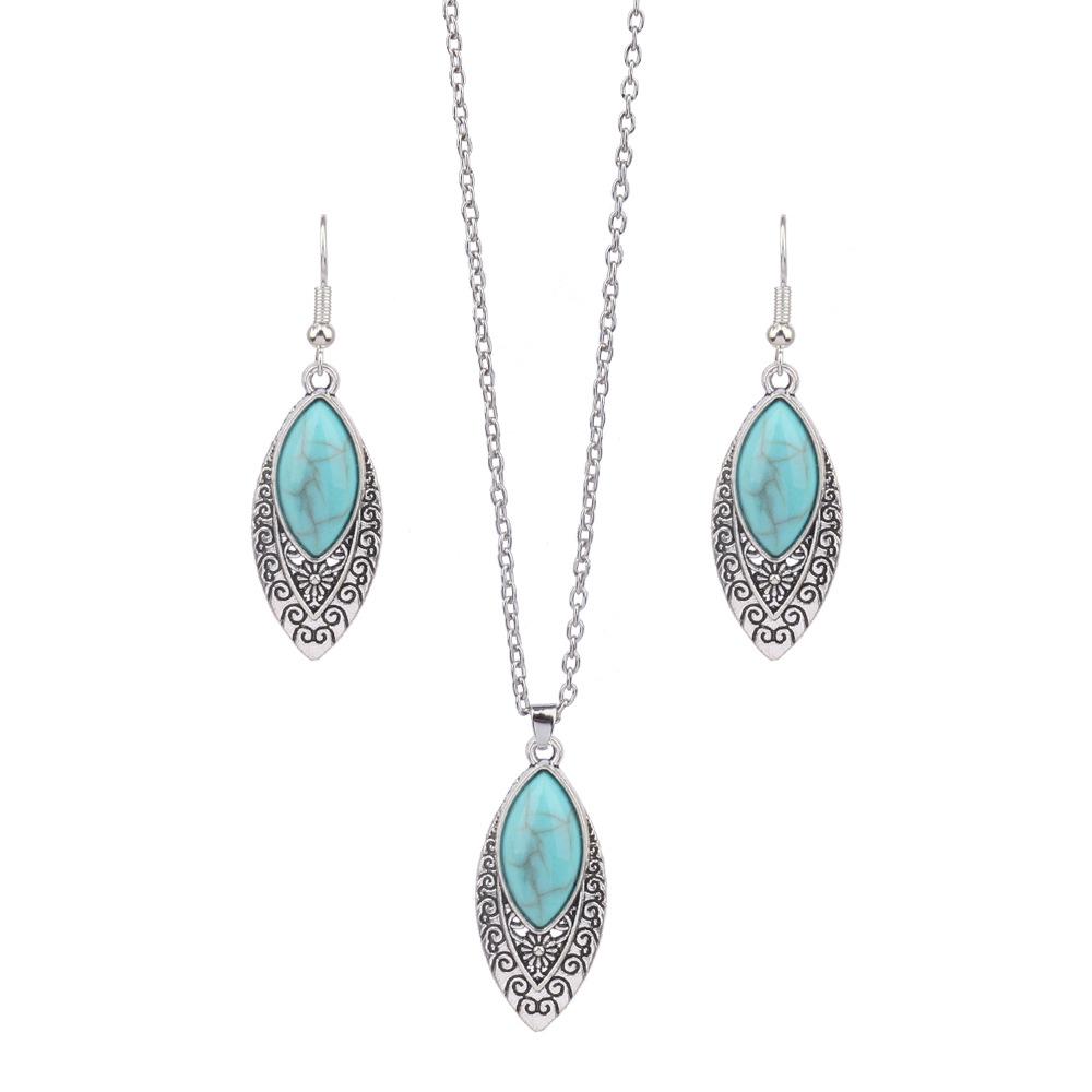 Ethnic Boho Turquoises Necklace Earring for Women Vintage copper Plated Carved Flower Dangle Earrings Indian Zircon Gift