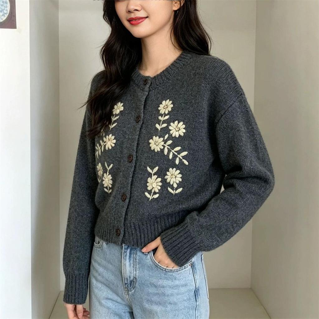 Retro- Strickjacke mit Stickerei im koreanischen Stil für Damen - Gemütlich, Weich und Stilvoll für Herbst/Winter 2026