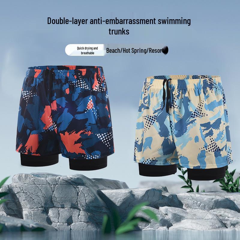 Men's Quick-Drying Double-Layer Printed Swim Trunks - Large, Loose Fit, Anti-Embarrassment, Professional Swimsuit