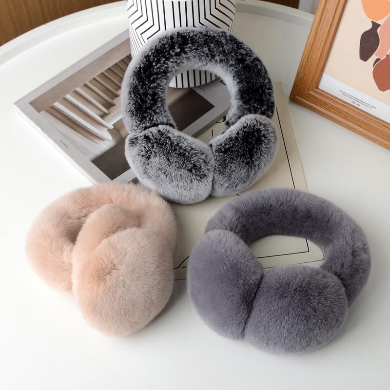 100% Natural Rex Rabbit Fur Earmuff Comfort Furry Plush Warm Frostproof Collapsible Ear Muffs for Women Ladies Winter