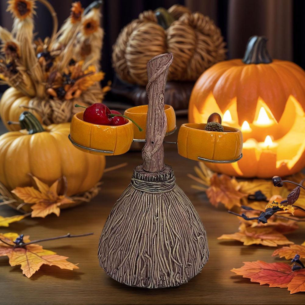Halloween Broom Pumpkin Cup Separator Three Cups Accommodable Broomstick Snack Bowl Rack for Serving Snacks Salad Fruit