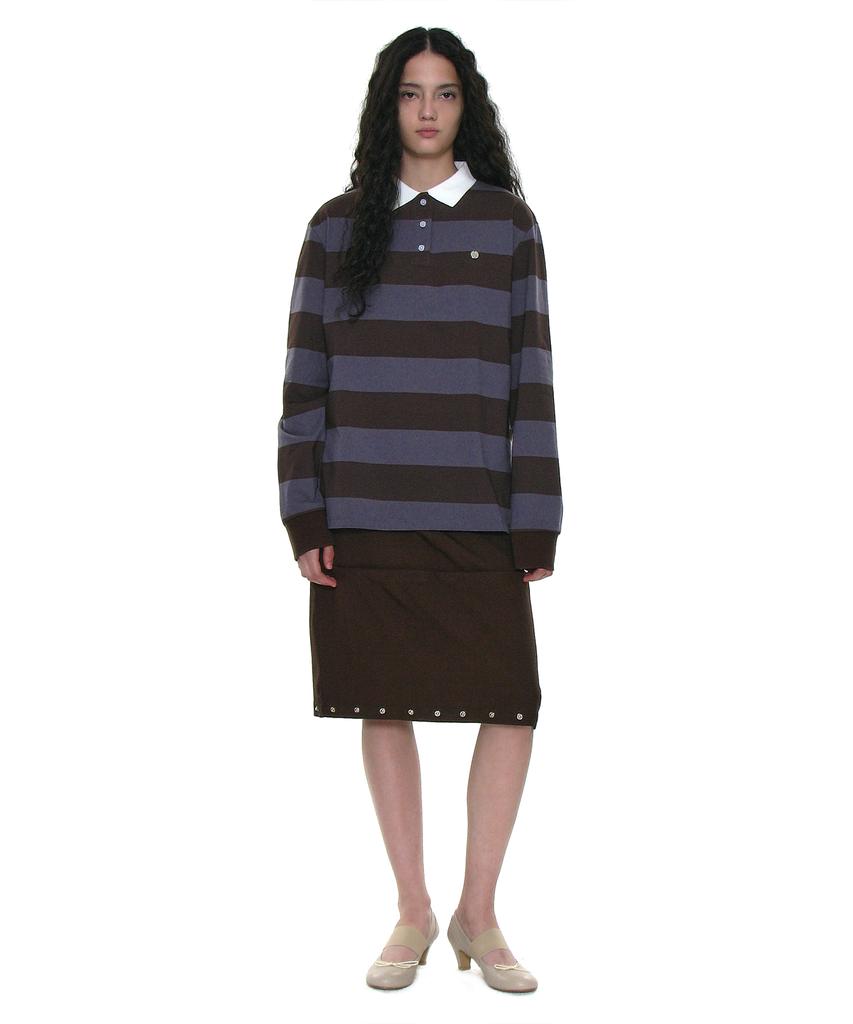 PARTIMENTO WOMEN Wide Stripe Long Sleeve Polo Tee_Brown