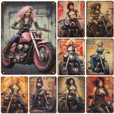 Metallblechschilder, Pin-Up-Girl, Frau, Motorrad, Sexy Girl, Vintage, lustige Kunst, Wanddekoration für Zuhause, Männerhöhle, Garage, Café, Bar, Club