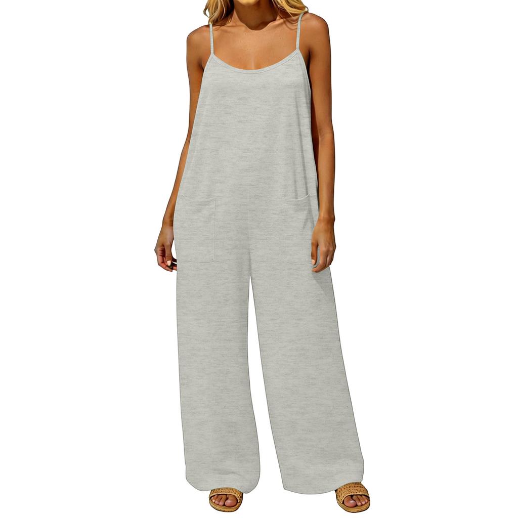 Women's Jumpsuit, Casual And Loose Fit, Featuring A Backless Design With Vintage Thin Straps. This Loungewear Jumpsuit Is Made From A Cotton And Li