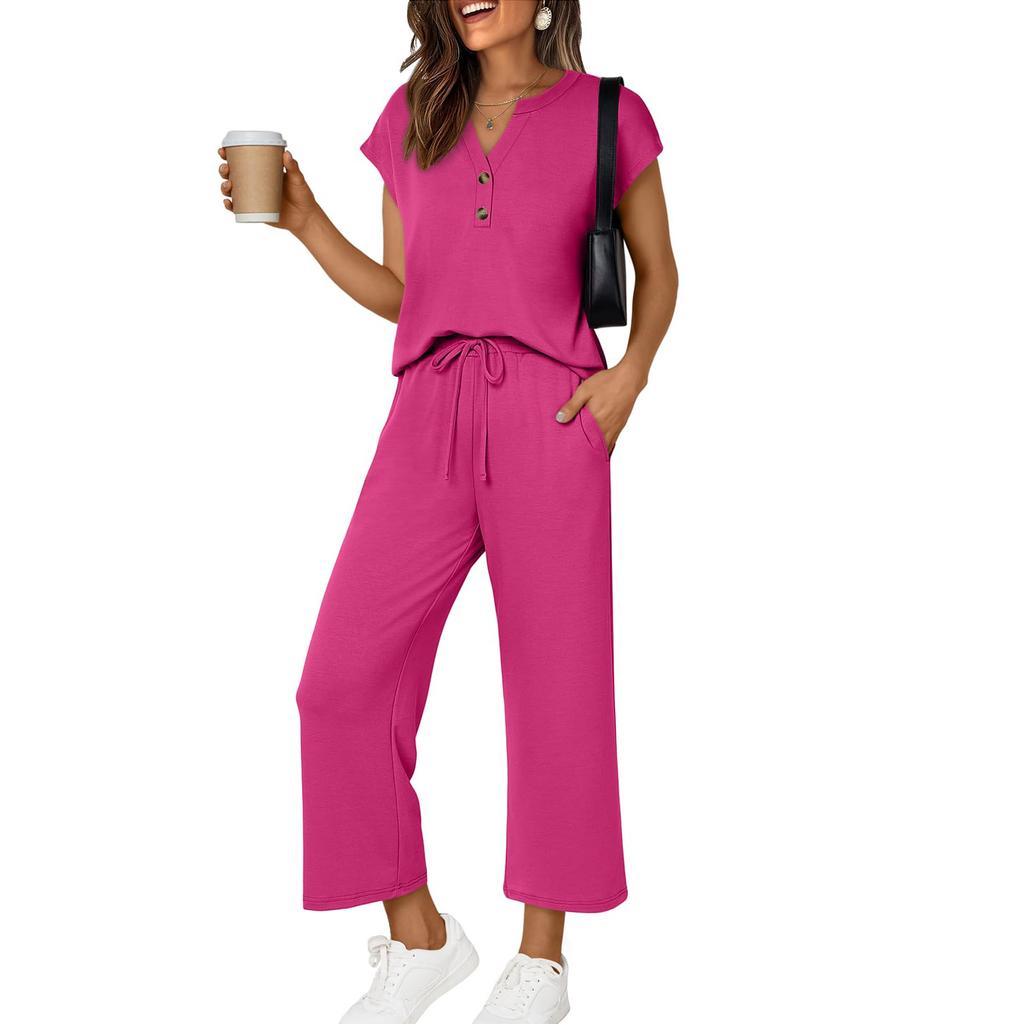 Women's Fashionable Casual Comfortable -Colour Small V-Neck Button-Front Short-Sleeved Two-Piece Suit