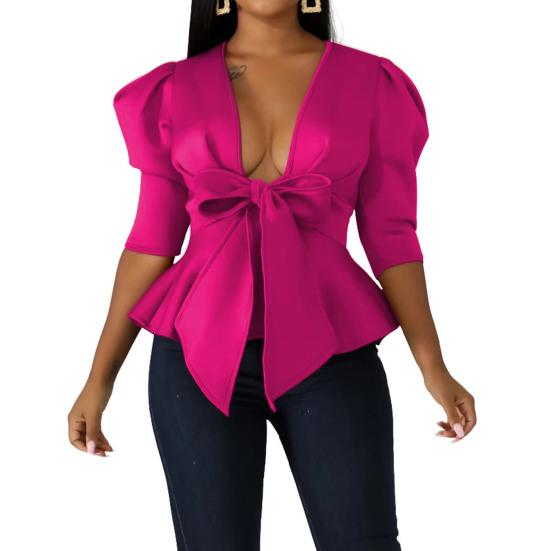 Deep V-neck Puff Half Sleeve Solid Color Women Coat Ruffle Hem Bowknot Bandage Peplum Blazer Workwear