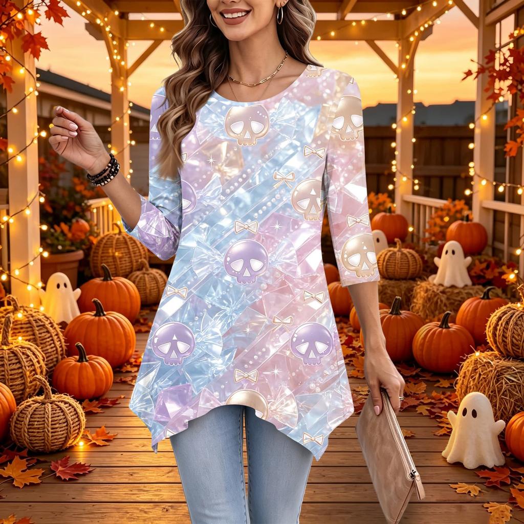 Women's Casual Halloween Print Top, Loose Fit Three-Quarter Sleeve