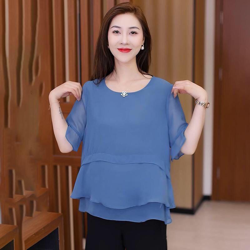 Short Sleeve Chiffon Women Shirts Summer Office Work Tops Elegant Lady Shirt Solid O-Neck Women Blouses
