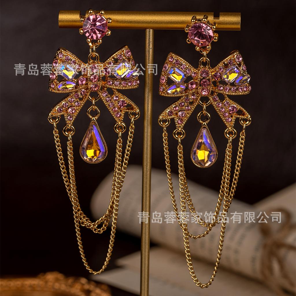 Middle Aged BJ Light Luxury Bow Water Droplet Pendant Earrings Alloy Chain Long High-end Feeling