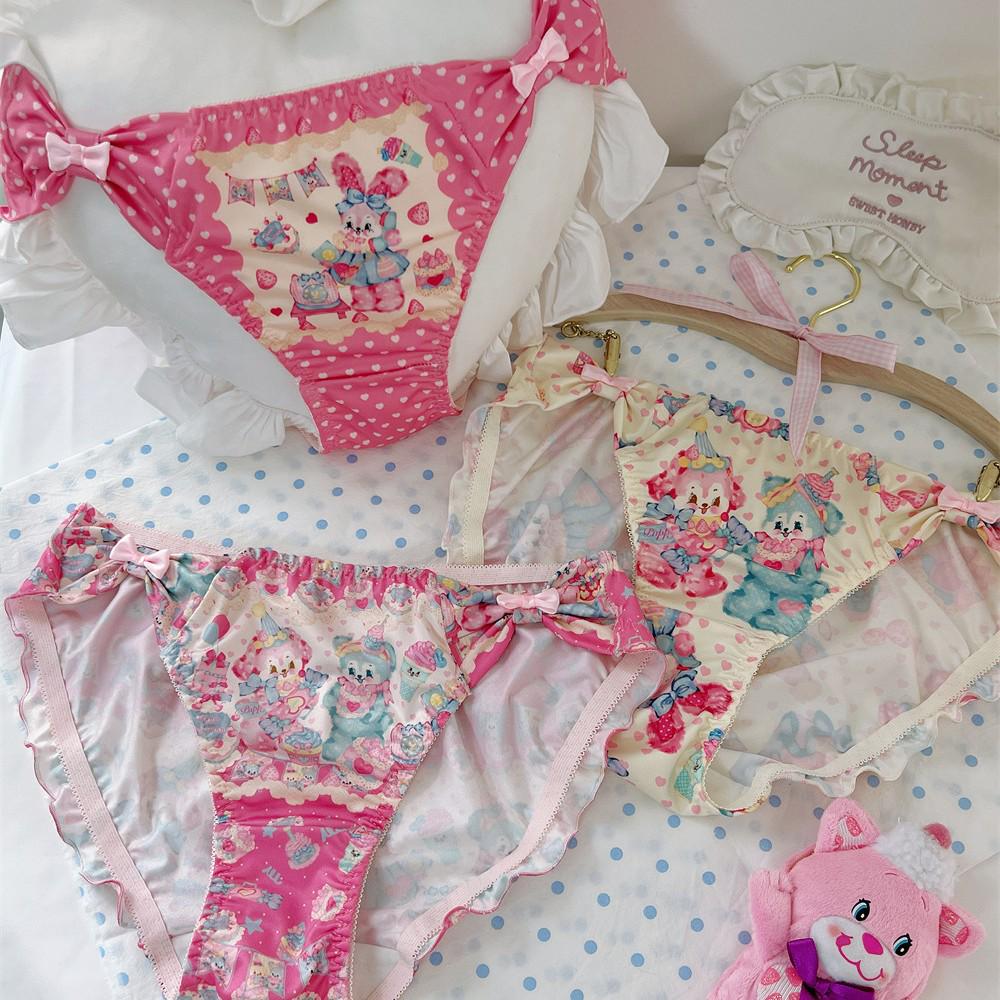 Cute Rabbit Print Bow Milk Silk Triangle Panties – Comfortable Hip-Wrap Student Style