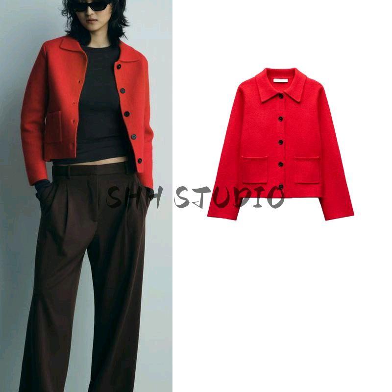 Spring New Arrival Red for Women Sweater Cardigan Lapel Long Sleeves Single Breasted Simple Knitting Outwear 2142001