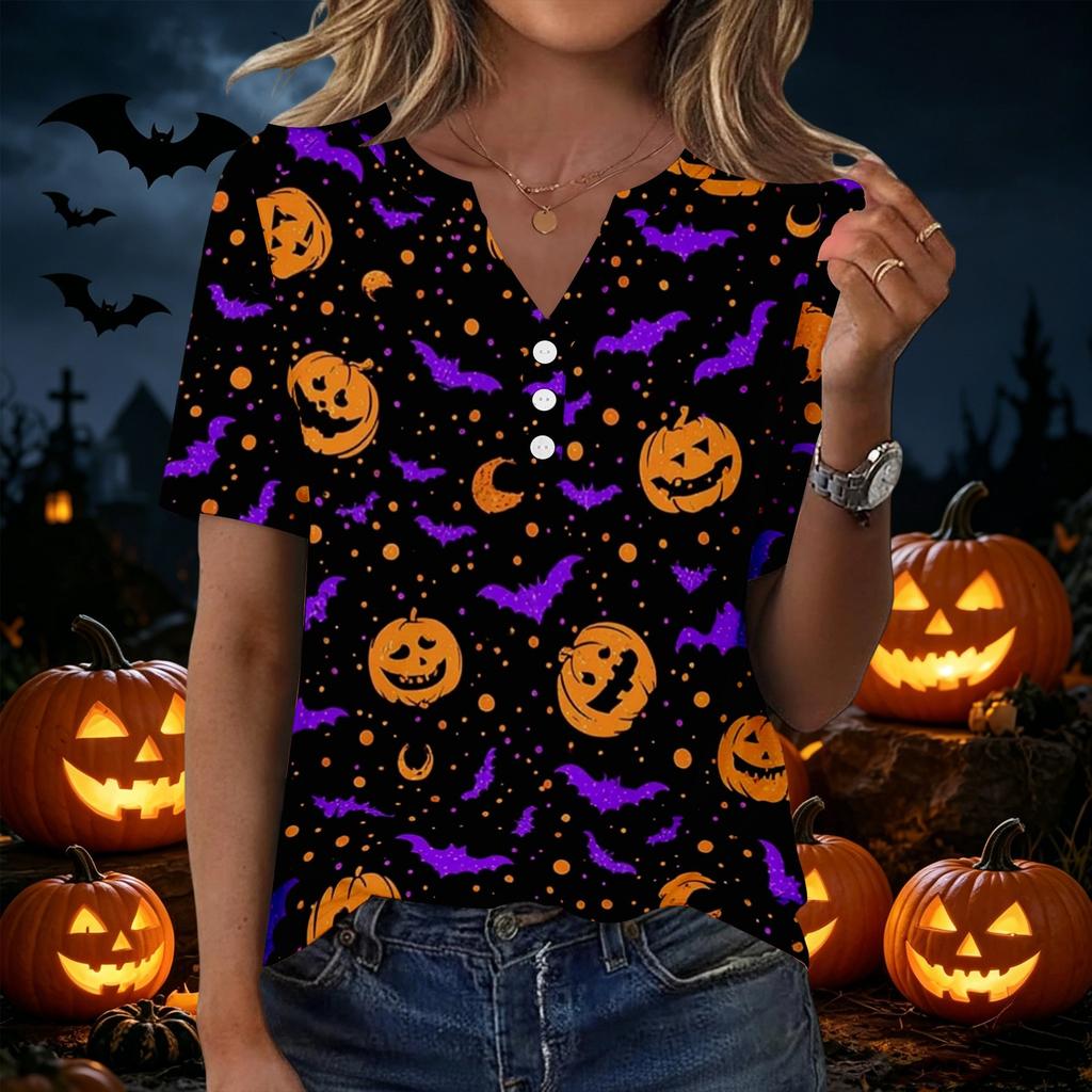 Women's Casual Halloween Print V Neck Button Front Three Quarter Sleeve T Shirt Top Lightweight Soft Fabric Comfortable Fit
