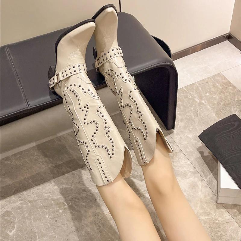 Autumn Winter Belt Buckle Rivet Women Western Cowboy Boots Fashion Slip On Thick Heel Shoes Embroidery Knight Botas