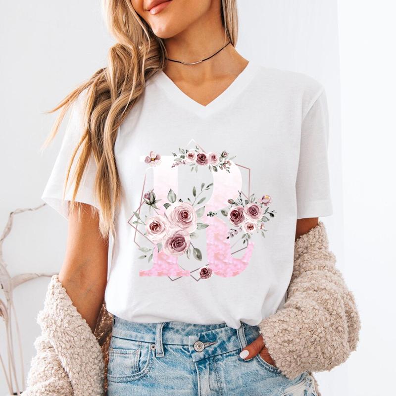 New Unisex T Shirt AZ Name Letter Print Short Sleeve Tee Letters ABCD Casual Tops Tees Floral Initial Unisexs VNeck TShirt