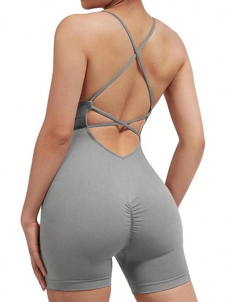 Seamless Peach Butt Yoga Bodysuit with Spaghetti Straps and Open Back