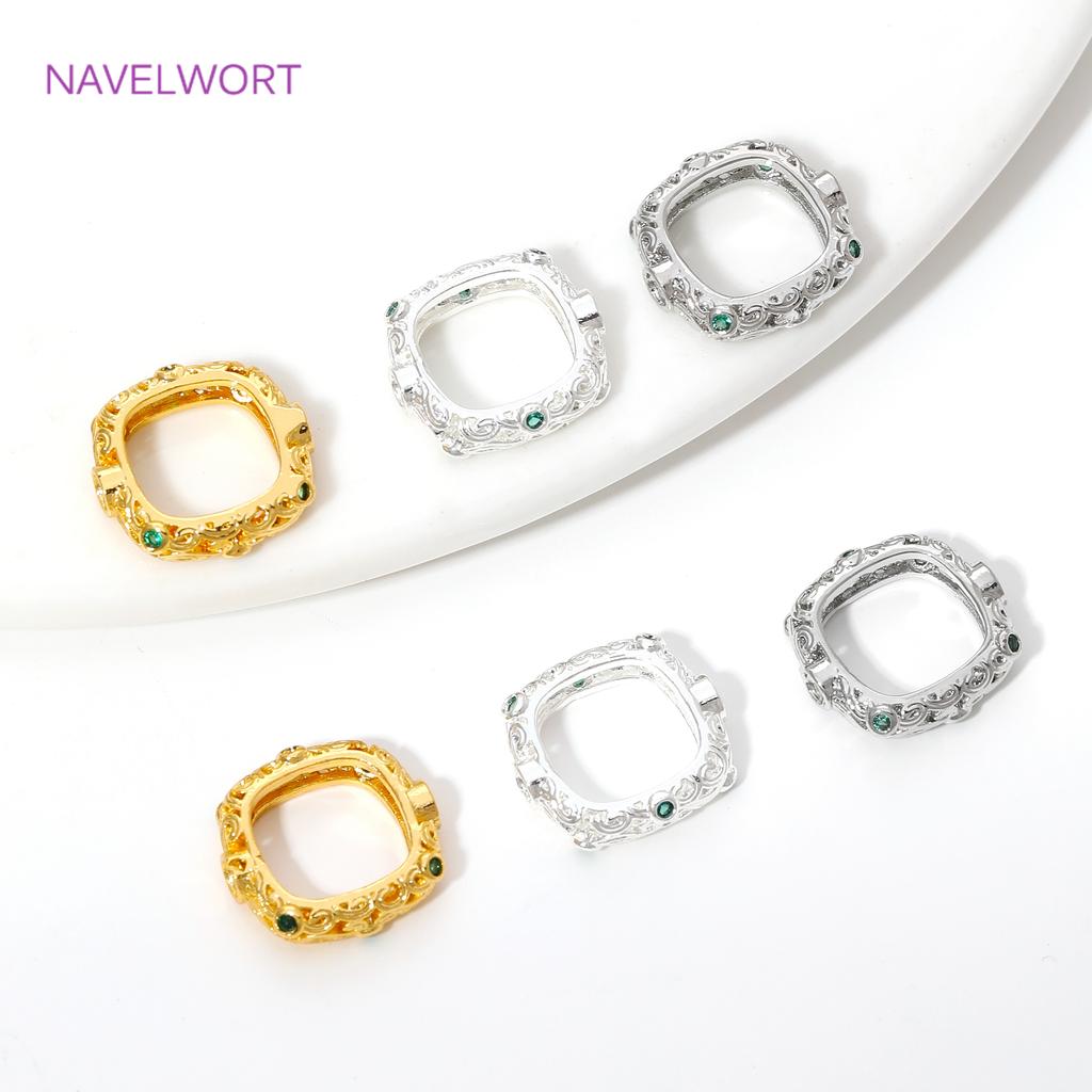 18K Gold Plated Square Frame Beads Connector,with Zircon Through Hole Bead,For DIY Bracelet/Necklace Jewelry Making Supplies