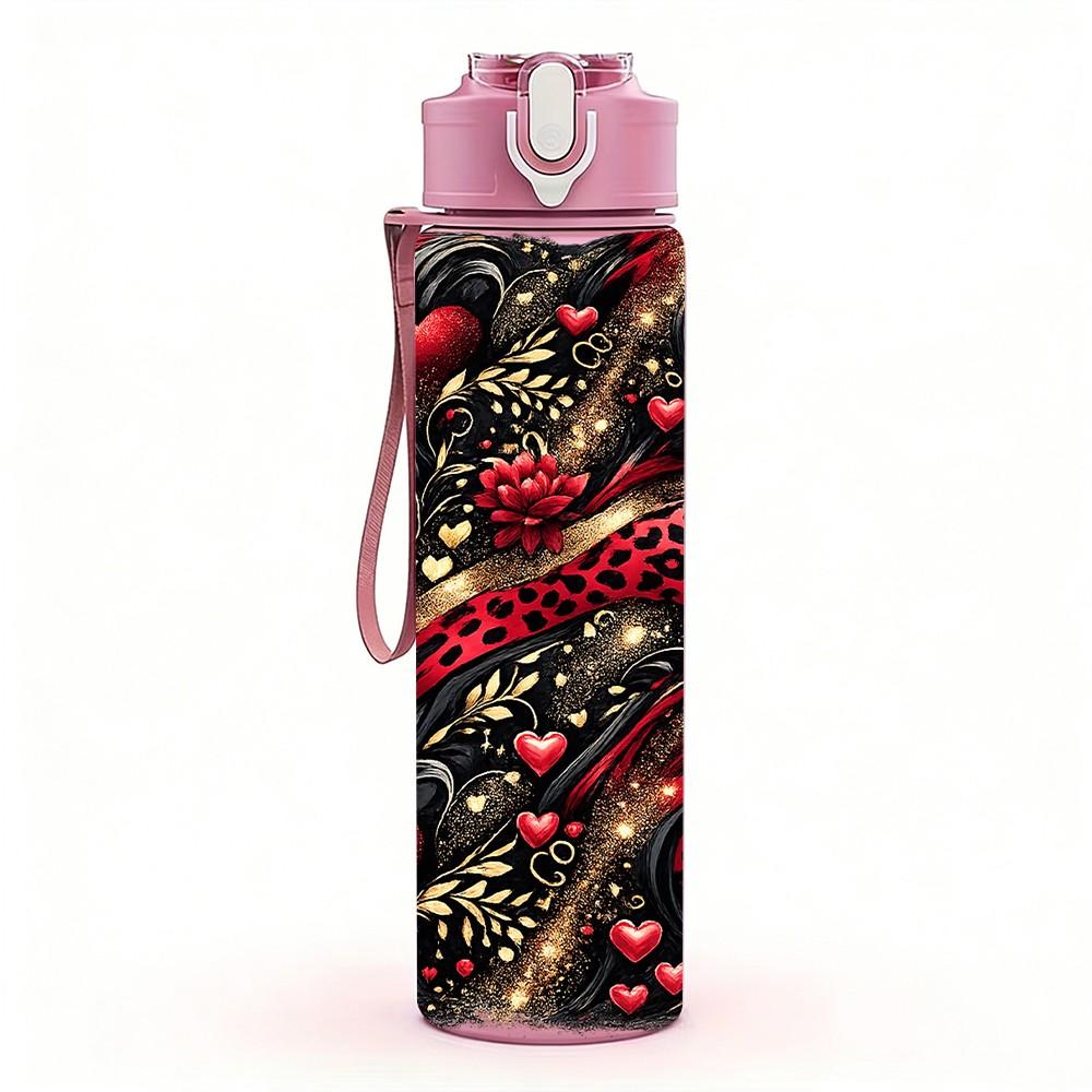 1PC Red Black Rose Dark Floral Art Print 750ml Color Plastic Sports Water Bottle Leakproof Flip Straw Lid Suitable for Sports Office Home Use