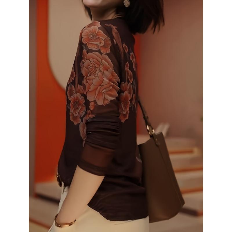 Floral Print T-Shirt for Women High Elasticity Crew Neck Long Sleeve Top with Semi-Sheer Floral Design, Spring/Fall Casual & Formal Wear