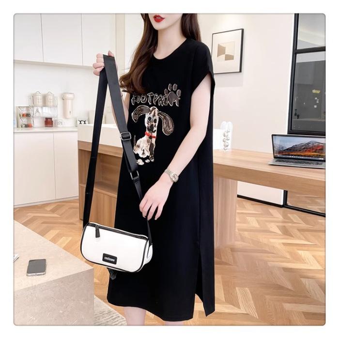 Damen Sommer Koreanische Version von Loose Cartoon Dog Letter Kurzarm T-Shirt Mode Lazy Long Dress