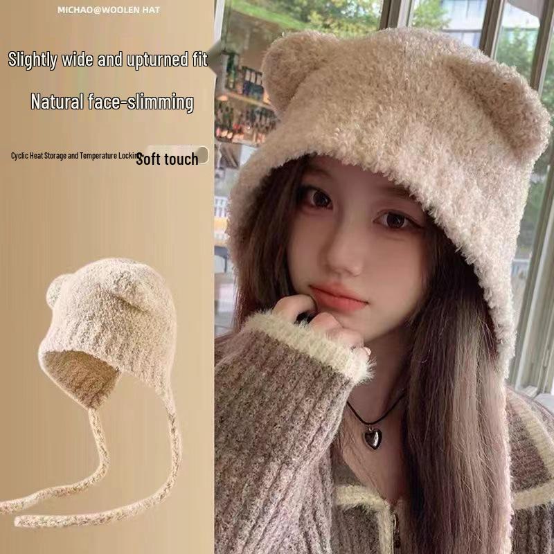 Winter Windproof Women's Knitted Hat with Ear Protection - Cute Bear Design