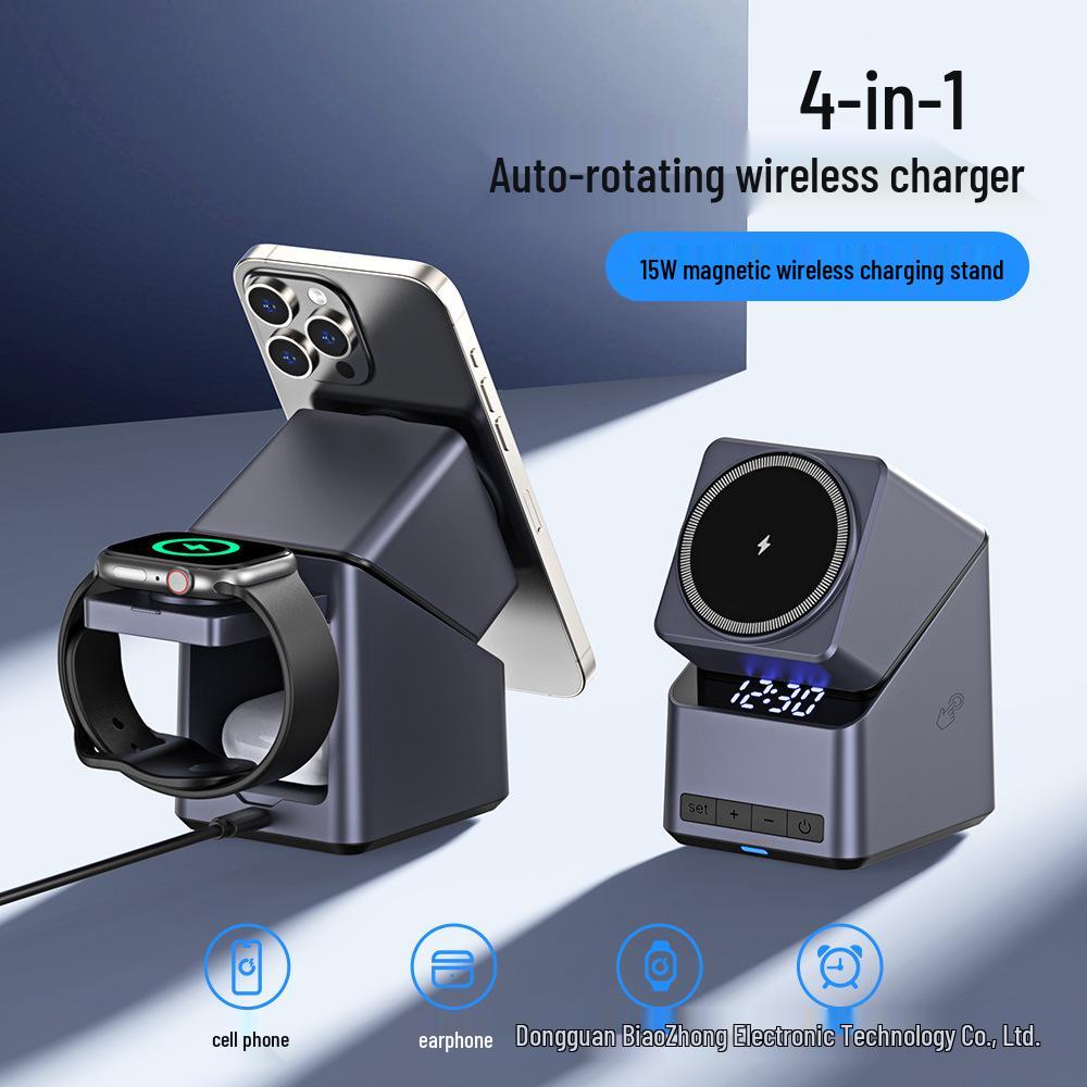 4-in-1 Magnetisches Kabelloses Ladegerät mit 180° drehbarem Ständer für Apple & Huawei Handys