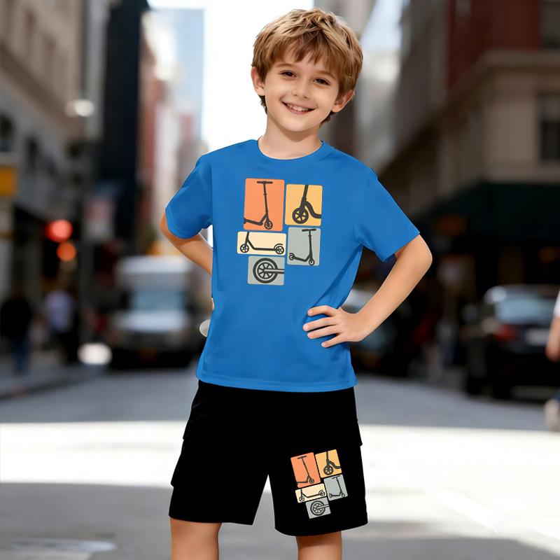 Boys 2 Piece Scooter Themed Printed T-shirt Outfit, Short Sleeve T-Shirt and Shorts Set for Kids Age 5-14,Black and White Sporty Casual Summer Clothes