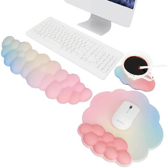 Cloud Keyboard Wrist Rest Mouse Pad Wrist Arm Support Set with Ergonomic Cute Memory Foam for Computer Office Laptop Gaming Cyan Purple Pink