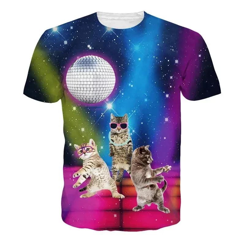 Summer Men Galaxy Cat Graphic Short Sleeve 3D Print Funny Cats T Shirt Personality Fashion Casual Harajuku Street Round Neck Tee