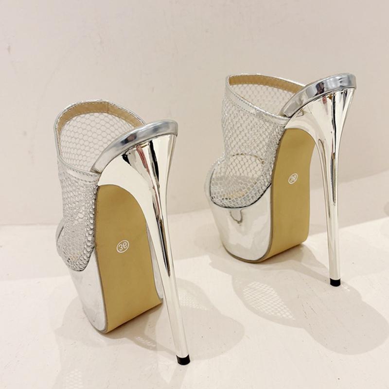 Liyke Sexy 16CM Extreme High Heels Platform Slipper For Women Hollow Out Mesh Open Toe Party Stripper Shoes Summer Sandal Female