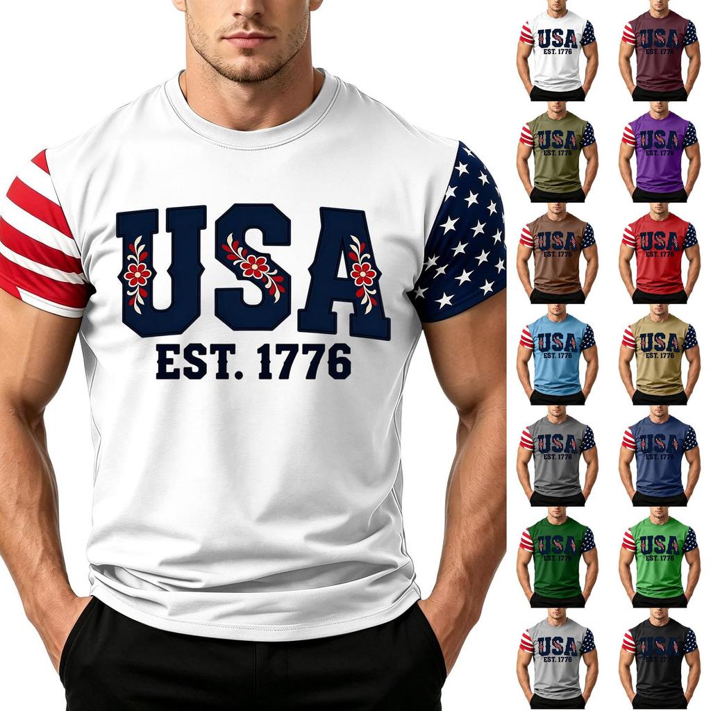 Men's Independence Day Flag Print Short Sleeve T-Shirt, Loose Casual Daily Summer Tops