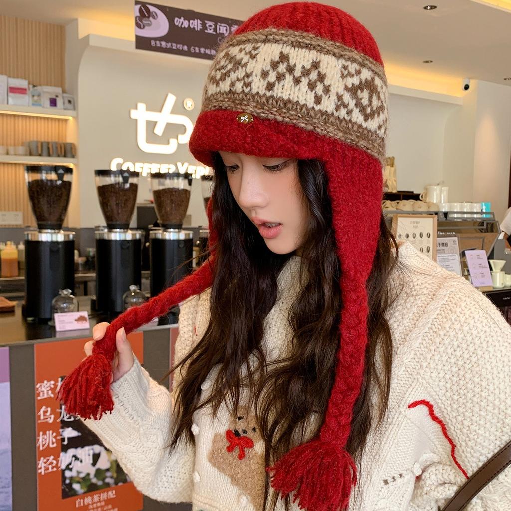 Fair Island Wind Red Knitted Wool Hat Women's Autumn and Winter Jacquard Warm Ear Protection Hat Thickened Cold-proof Knitted Hat
