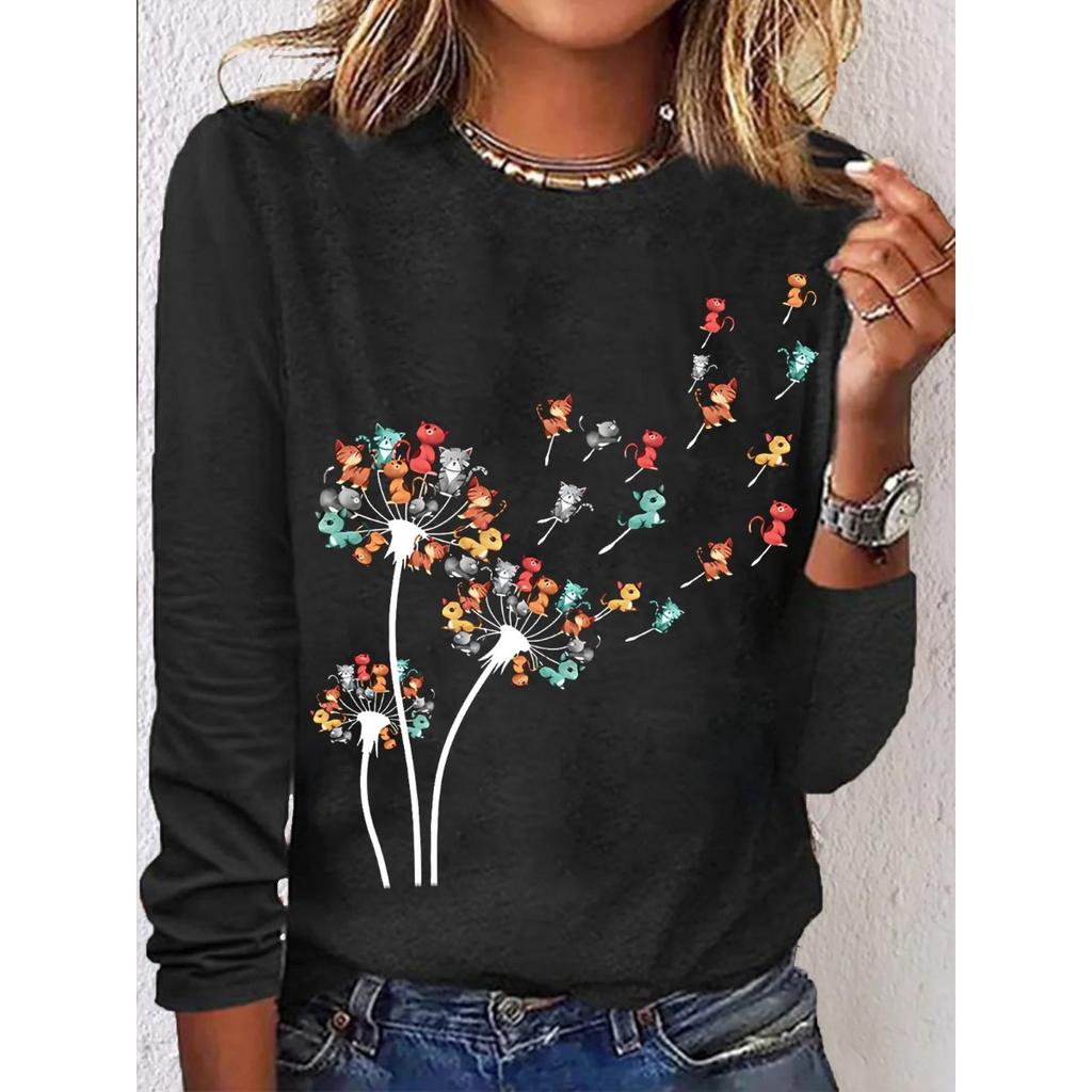 Fun Cat Print Top with Retro Artistic Style Round Neck Long Sleeved Women's T-shirts