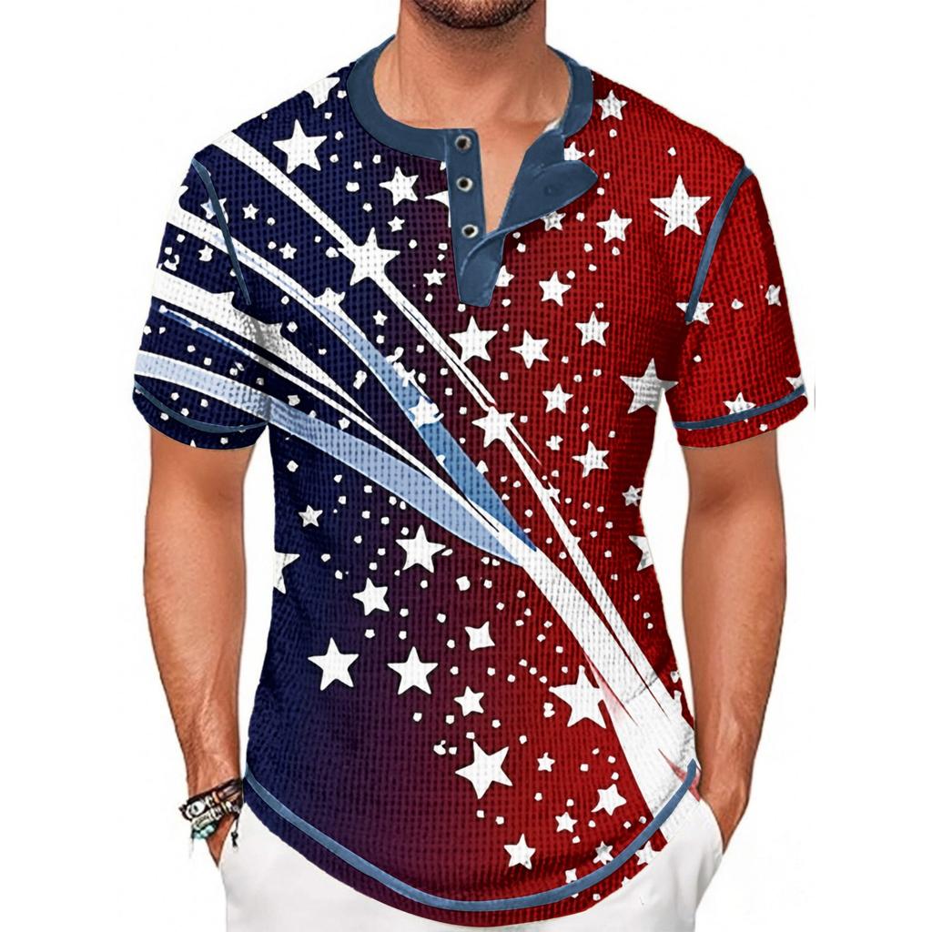 Summer Men's Stand-up Collar Short-sleeved T-shirt With Independence Day Print