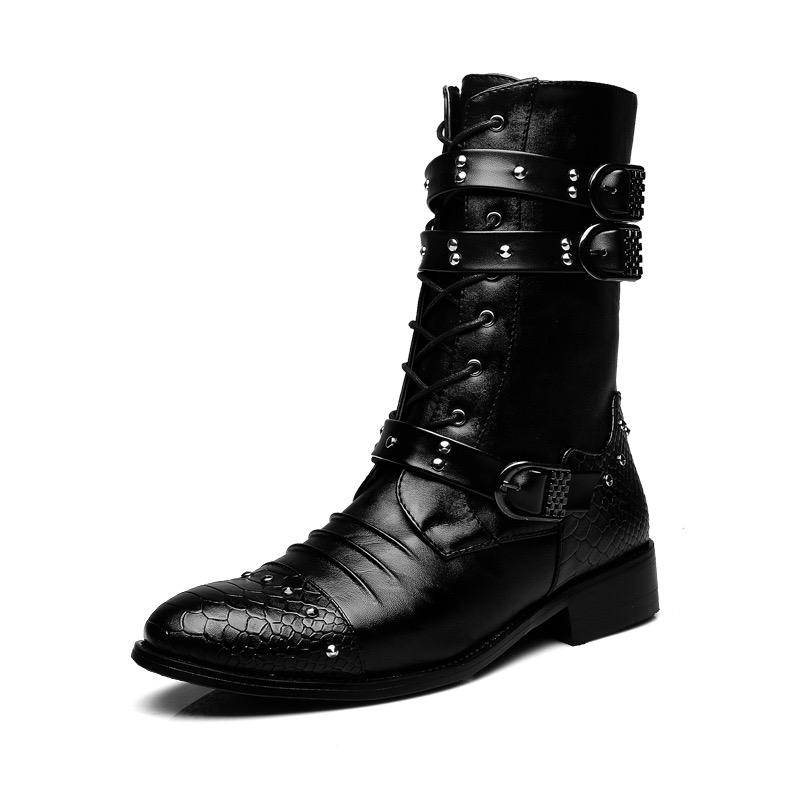 New Autumn Gothic Men Pointed Toe Stage Performance Faux Leather Boots Male Punk Studs High Heels Shoes Rivet Booties
