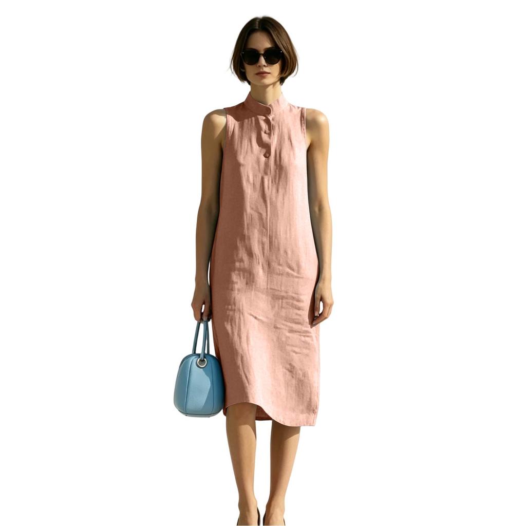 Sleeveless Loose Fit Summer Dress Midi Length Button Front Stand Collar Casual Lightweight Dress for Women