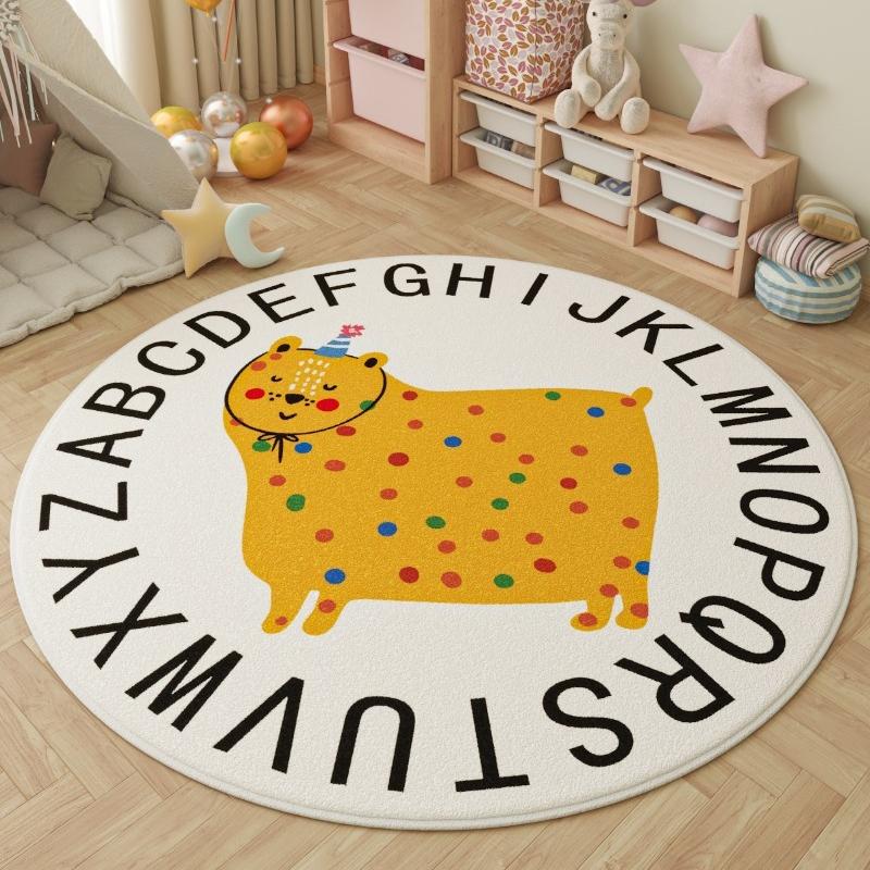 Educational Round Kids Rugs Alphabet Animal Design Rainbow Pattern Colorful Learning Carpets for Childrens Room Decor