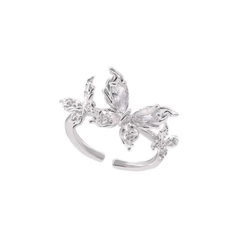 Light Luxury Niche Rhinestone Butterfly Rings for Women Girls Gentle Temperament Silver Color Open Rings Birthday Jewelry Gifts