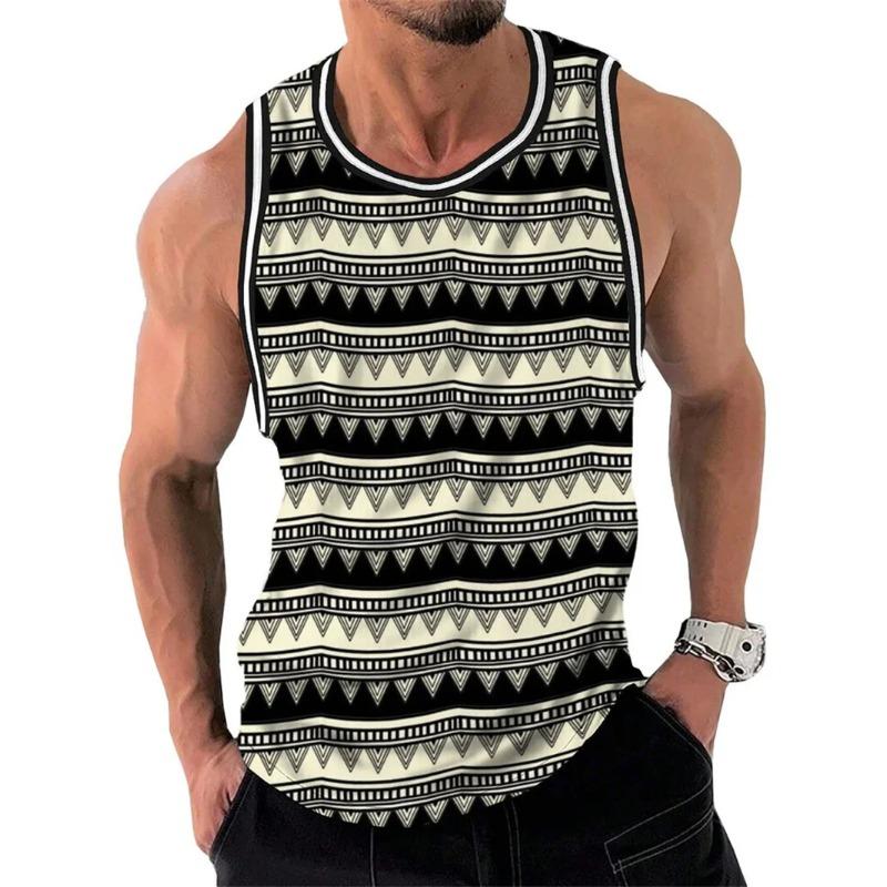 Sommar Rundhalsad 3D Retro Geometrisk Grafisk Tryckt Topp Moderiktig Casual Ärmlös Väst Herr T-shirts