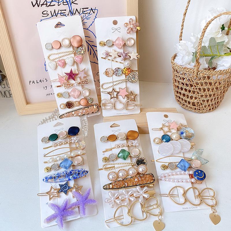 Simple Bangs Sea Clip A Word Clip Net Red Temperament Pearl Crystal Back Head Spoon Top Clip Side Clip Combination Set