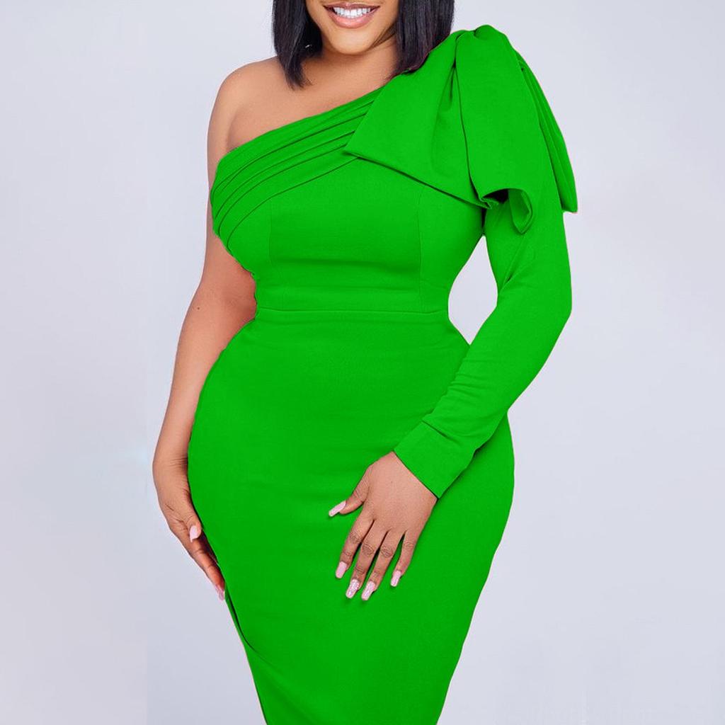 Woman Party Dresses Plus Size Xxxl One Shoulder Long Sleeve Package Hips Mid Calf Sexy Dress