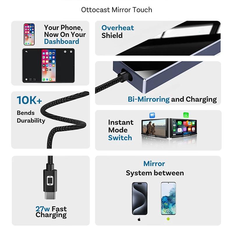 Wireless Car Adapter for CarPlay, MirrorTouch Two-Way Control, Plug & Play, for In-Car Multimedia Systems