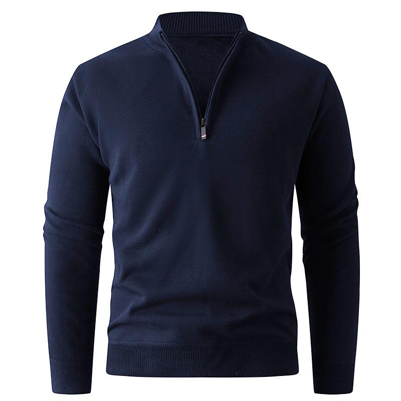 Men's Fleece-Lined Half-Zip Stand-Up Collar Knit Pullover for Autumn/Winter